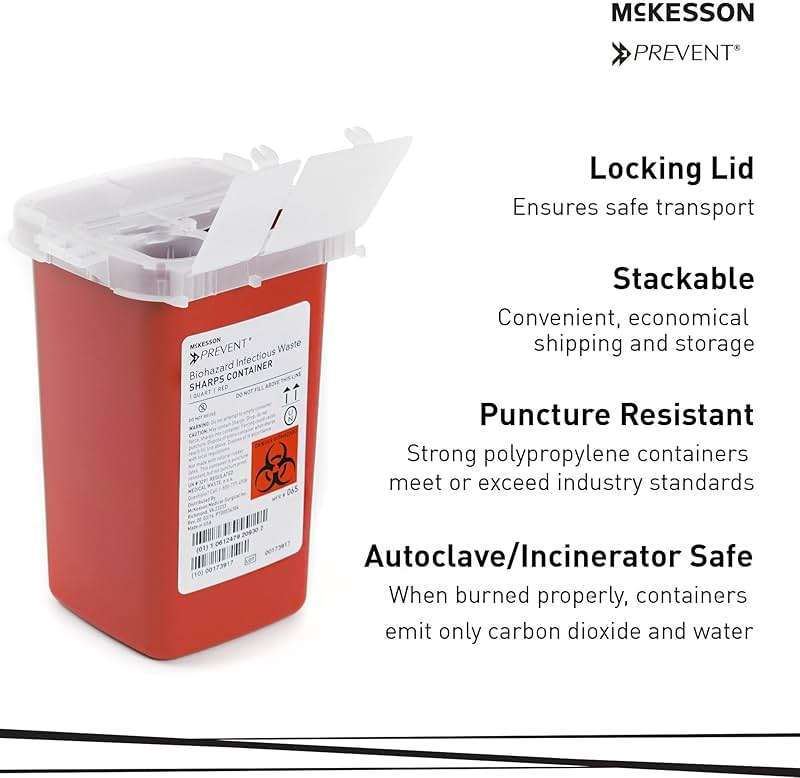 McKesson Prevent Sharps Container for Home Use, 1 Quart - for Biohazard Infectious Waste, Needle and Syringe Disposal - Translucent, Touchless Lid - Red, 1 Count - Image 4