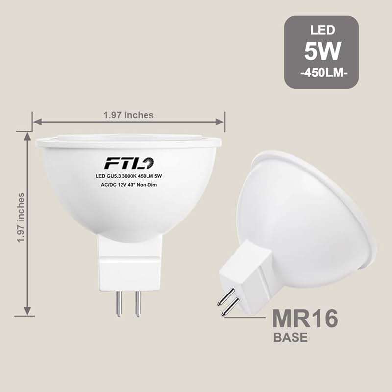 FTL MR16 LED Bulb 12V 50W Equivalent Halogen Replacement GU5.3 Pin Base 5W 5000K Daylight Non-Dimmable for Landscape and Track Lights,6-Pack - Image 2