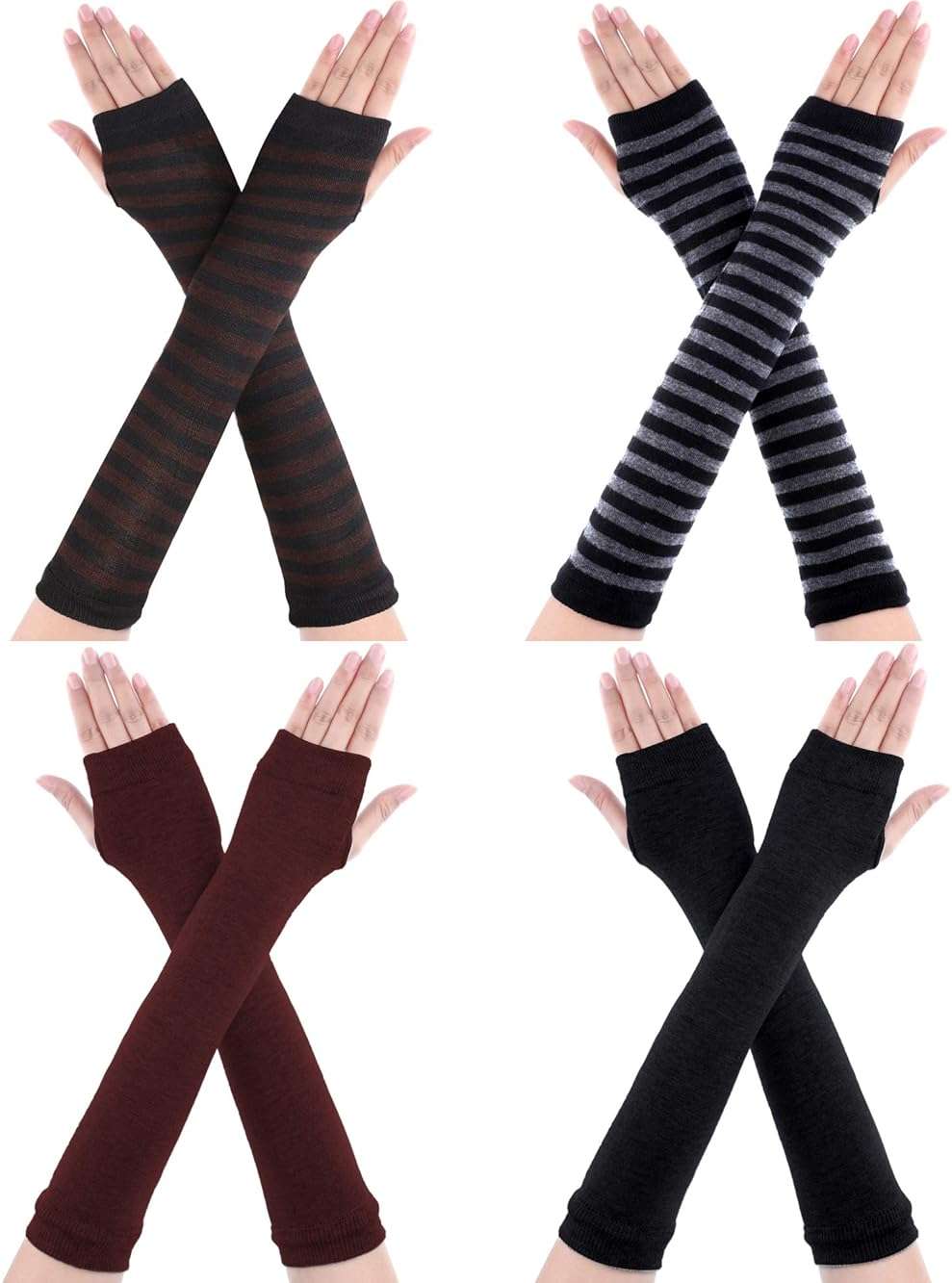 Bememo 4 Pairs Punk Gothic Long Fingerless Gloves Knitted Arm Warmer Elbow Length Thumb Hole Gloves Emo Costume Accessories - Image 1