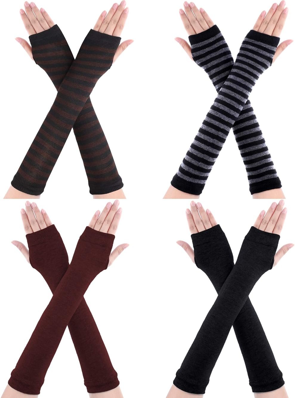 Bememo 4 Pairs Punk Gothic Long Fingerless Gloves Knitted Arm Warmer Elbow Length Thumb Hole Gloves Emo Costume Accessories - Product Image