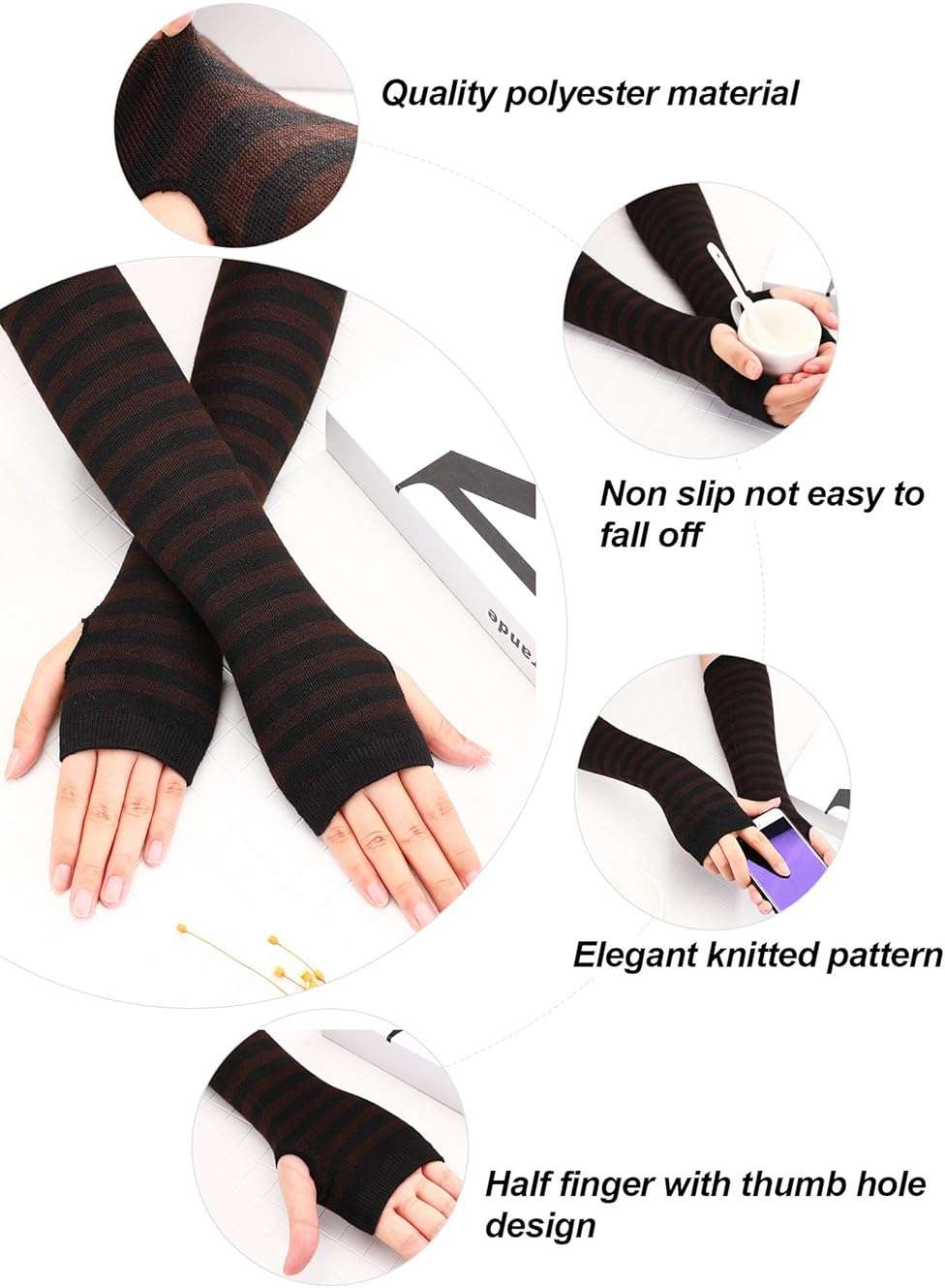 Bememo 4 Pairs Punk Gothic Long Fingerless Gloves Knitted Arm Warmer Elbow Length Thumb Hole Gloves Emo Costume Accessories - Image 2