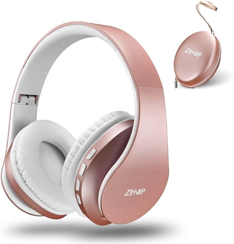 ZIHNIC Bluetooth Headphones Over-Ear, Foldable Wireless and Wired Stereo Headset Micro SD/TF, FM for Cell Phone,PC,Soft Earmuffs &Light Weight for Prolonged Wearing(Rose Gold) - Product Image