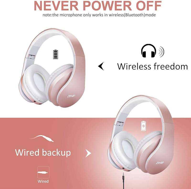 ZIHNIC Bluetooth Headphones Over-Ear, Foldable Wireless and Wired Stereo Headset Micro SD/TF, FM for Cell Phone,PC,Soft Earmuffs &Light Weight for Prolonged Wearing(Rose Gold) - Image 5