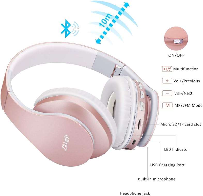 ZIHNIC Bluetooth Headphones Over-Ear, Foldable Wireless and Wired Stereo Headset Micro SD/TF, FM for Cell Phone,PC,Soft Earmuffs &Light Weight for Prolonged Wearing(Rose Gold) - Image 6