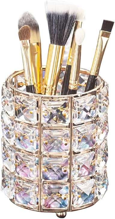 LUGUNU Makeup Brush Holder Organizer Crystal Vanity Decor Bling Personalized Comb Brushes Pen Storage Box Container (Gold 1 Pack) - Image 2