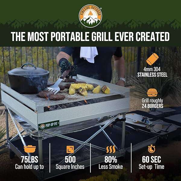 Fireside Outdoor Pop-Up Fire Pit Grill Grates - Folding Campfire Grill Grate Over Fire Pit Grate, Portable BBQ Grills, Camping Cooking, Camping Essentials, Outdoor Cooking - Quad-Fold Grates - Image 2