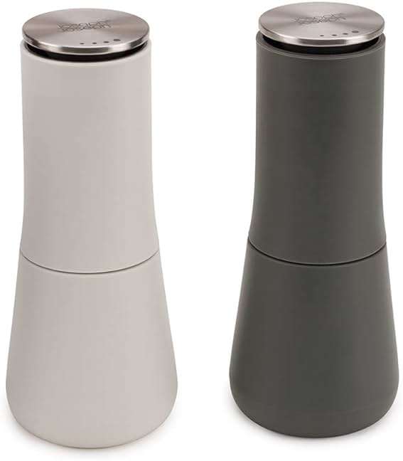 Joseph Joseph Milltop Non-Spill Salt and Pepper Mill 2-piece Set, Refillable with Ceramic Grinder, Adjustable Grinding Size, White/Dark Grey - Image 1