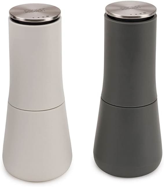 Joseph Joseph Milltop Non-Spill Salt and Pepper Mill 2-piece Set, Refillable with Ceramic Grinder, Adjustable Grinding Size, White/Dark Grey - Product Image