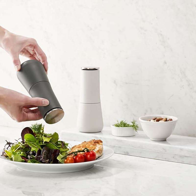 Joseph Joseph Milltop Non-Spill Salt and Pepper Mill 2-piece Set, Refillable with Ceramic Grinder, Adjustable Grinding Size, White/Dark Grey - Image 2