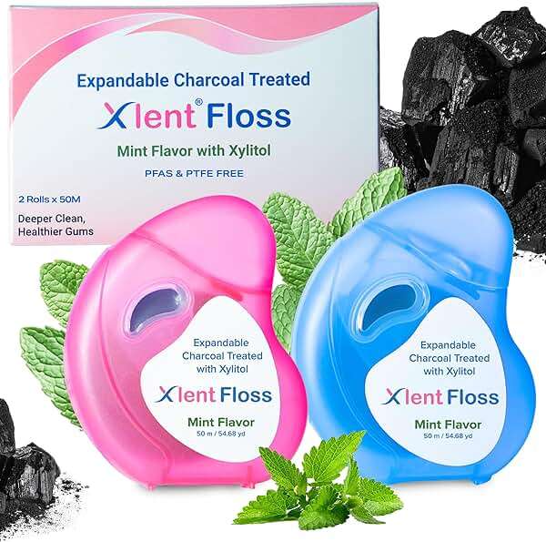 Xlent Expanding Dental Floss – 50m Activated Charcoal Expanding Floss with Xylitol – Mint – PFAS & PTFE Free – Natural Plant Wax – 2 Pack - Image 1
