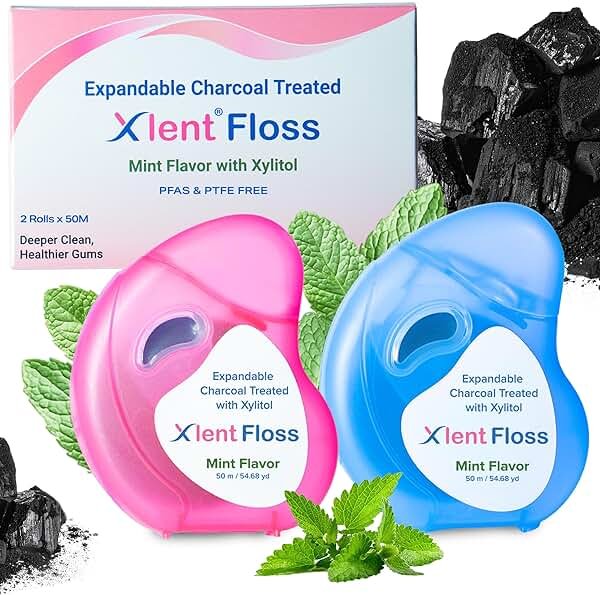 Xlent Expanding Dental Floss – 50m Activated Charcoal Expanding Floss with Xylitol – Mint – PFAS & PTFE Free – Natural Plant Wax – 2 Pack - Product Image