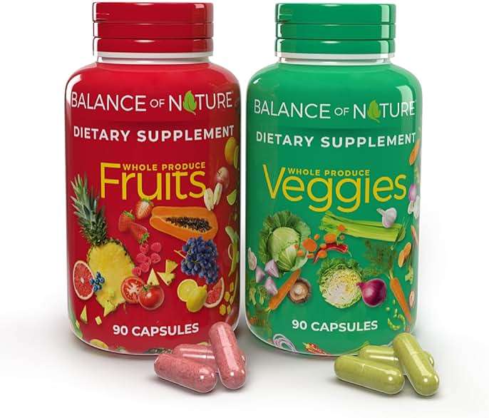 Balance of Nature Fruits & Veggies Supplements - Whole Fruit and Vegetable Ingredients for Women, Men, and Kids - 90 Fruits Capsules, 90 Veggies Capsules - 1 Set - Image 1