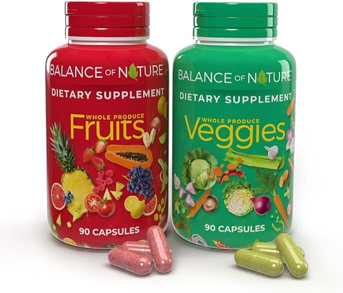Balance of Nature Fruits & Veggies Supplements - Whole Fruit and Vegetable Ingredients for Women, Men, and Kids - 90 Fruits Capsules, 90 Veggies Capsules - 1 Set - Product Image