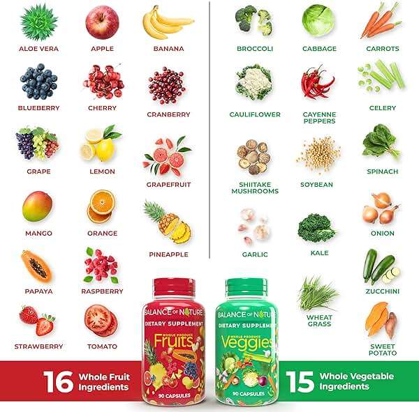 Balance of Nature Fruits & Veggies Supplements - Whole Fruit and Vegetable Ingredients for Women, Men, and Kids - 90 Fruits Capsules, 90 Veggies Capsules - 1 Set - Image 4