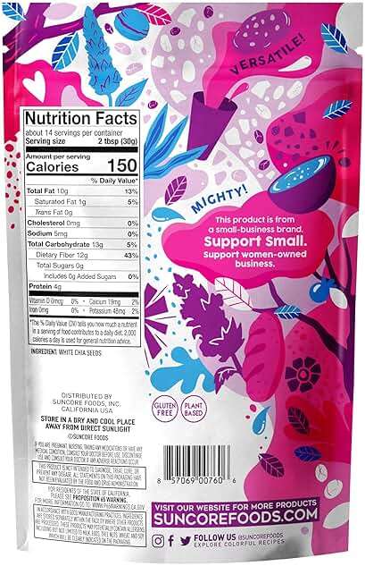 Suncore Foods Organic White Chia Seeds, Gluten-Free, Non-GMO, 15oz, 1 Pack - Image 2