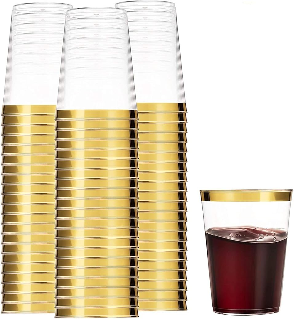 Munfix 100 Gold Plastic Cups 14 Oz Clear Tumblers Gold Rimmed Fancy Disposable Wedding Elegant Party Cups with Gold Rim - Product Image