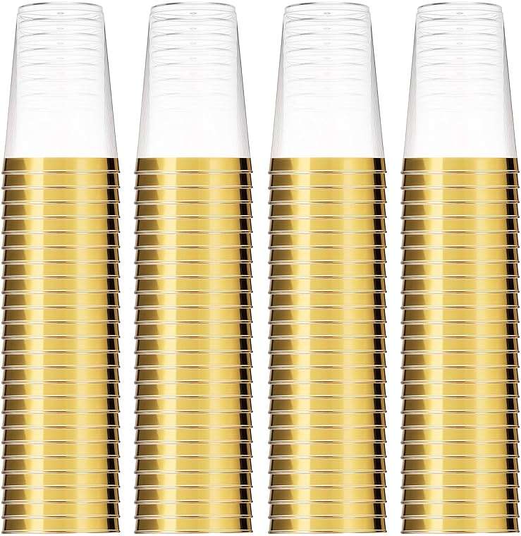 Munfix 100 Gold Plastic Cups 14 Oz Clear Tumblers Gold Rimmed Fancy Disposable Wedding Elegant Party Cups with Gold Rim - Image 9