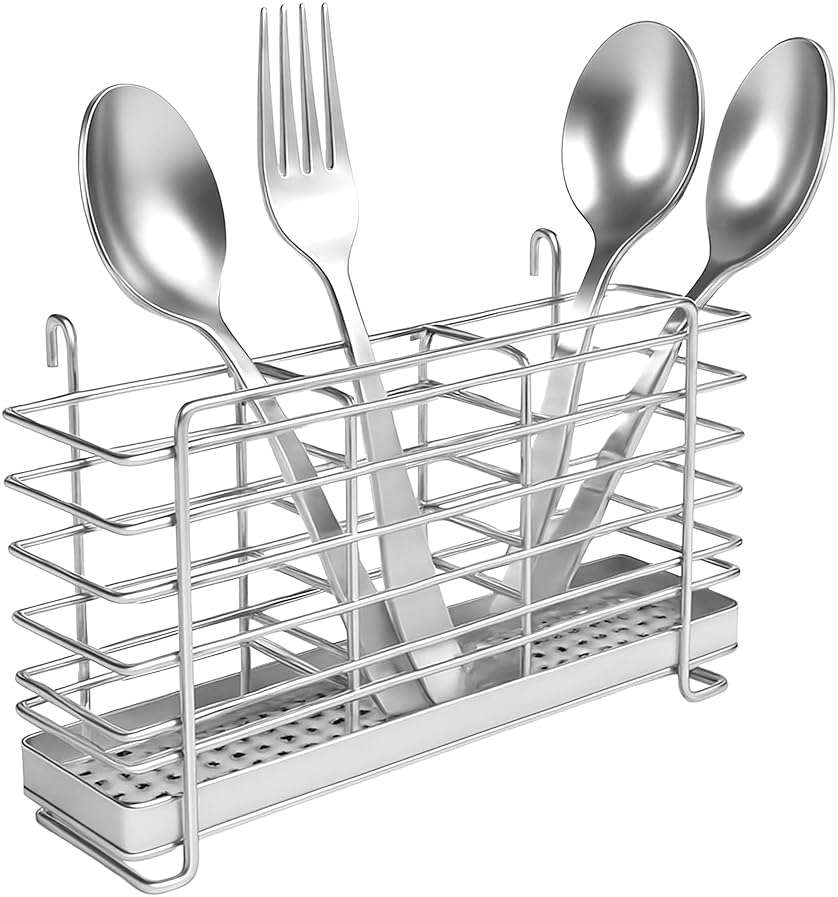 KESOL 304 Stainless Steel Utensil Drying Rack with Hooks & 3 Divided Compartments, Silverware Drying Basket, Spoon and Fork Organizer, Rustproof Kitchen Drainage Basket Accessories, Silver, 2x8.7x5 - Image 1