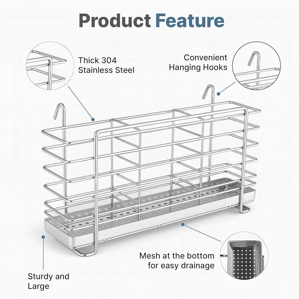 KESOL 304 Stainless Steel Utensil Drying Rack with Hooks & 3 Divided Compartments, Silverware Drying Basket, Spoon and Fork Organizer, Rustproof Kitchen Drainage Basket Accessories, Silver, 2x8.7x5 - Image 4