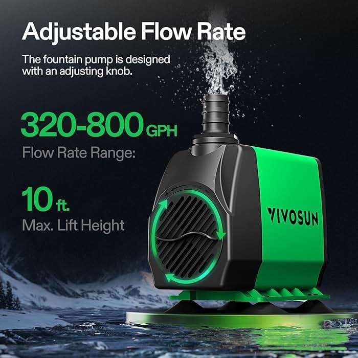 VIVOSUN 800GPH Submersible Pump(3000L/H, 24W), Ultra Quiet Water Fountain Pump with 10ft. High Lift with 6.5ft. Power Cord, 3 Nozzles for Fish Tank, Pond, Aquarium, Statuary, Hydroponics Green - Image 3