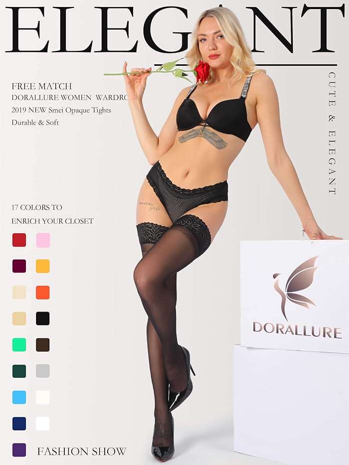 DORALLURE Thigh High Stockings Silicone Lace Top Stay Up Silky Semi Sheer Pantyhose for Women Hold Up Nylon - Image 2