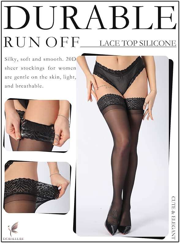 DORALLURE Thigh High Stockings Silicone Lace Top Stay Up Silky Semi Sheer Pantyhose for Women Hold Up Nylon - Image 3
