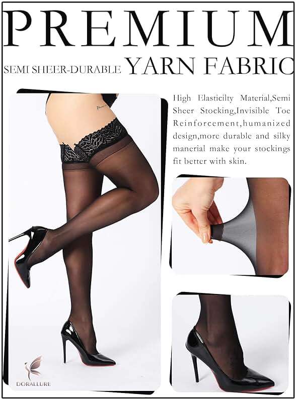 DORALLURE Thigh High Stockings Silicone Lace Top Stay Up Silky Semi Sheer Pantyhose for Women Hold Up Nylon - Image 4