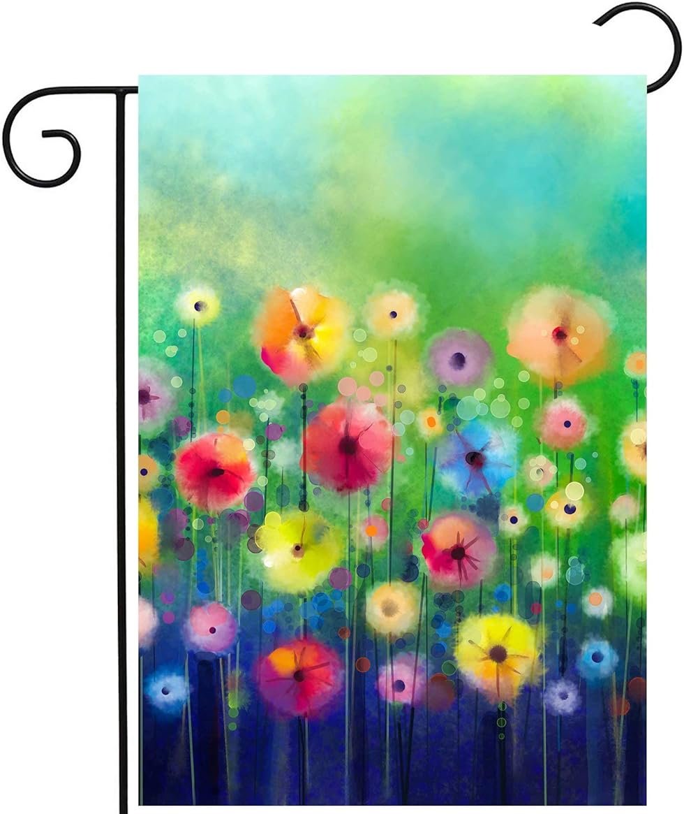 ShineSnow Watercolor Abstract Spring Summer Seasonal Green Floral Flowers Painting Art Garden Yard Flag 12"x 18" Double Sided Polyester Welcome House Flag Banners for Patio Lawn Outdoor Home Decor - Product Image