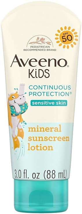 Aveeno Kids Continuous Protection Zinc Oxide Broad Spectrum Sunscreen Lotion for Kids’ Sensitive Skin. SPF 50 Oxybenzone Free Sunscreen, Tear- and Sweat-Free and Water-Resistant, Non-Greasy, 3 Fl Oz - Image 1