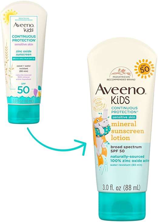 Aveeno Kids Continuous Protection Zinc Oxide Broad Spectrum Sunscreen Lotion for Kids’ Sensitive Skin. SPF 50 Oxybenzone Free Sunscreen, Tear- and Sweat-Free and Water-Resistant, Non-Greasy, 3 Fl Oz - Image 2