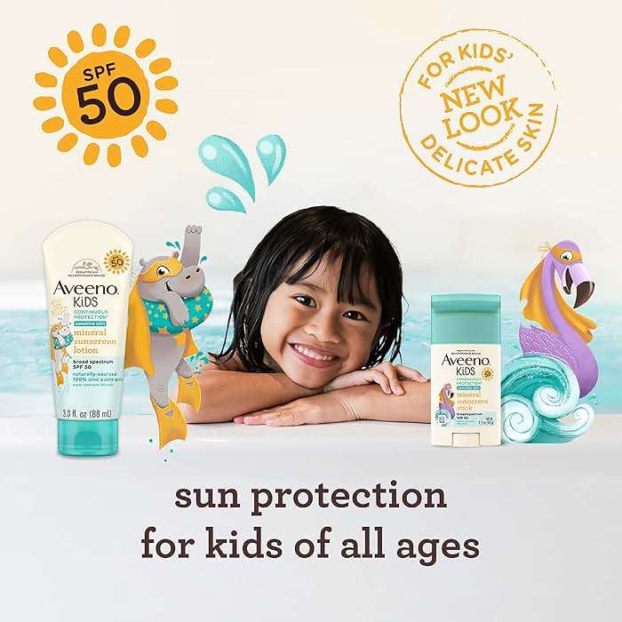 Aveeno Kids Continuous Protection Zinc Oxide Broad Spectrum Sunscreen Lotion for Kids’ Sensitive Skin. SPF 50 Oxybenzone Free Sunscreen, Tear- and Sweat-Free and Water-Resistant, Non-Greasy, 3 Fl Oz - Image 8