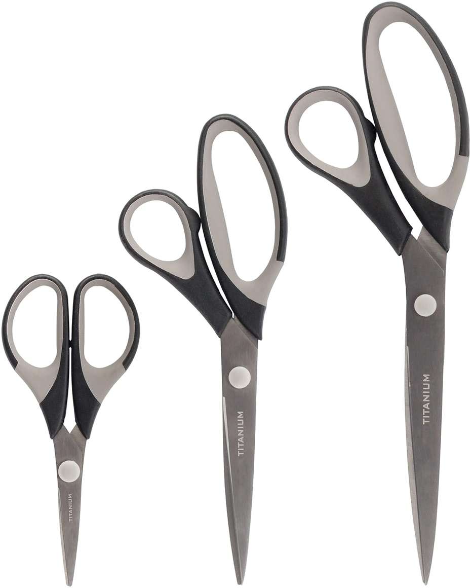 BambooMN Titanium Softgrip Scissors Set for Sewing, Arts, Crafts, Office - 1 Set of 3 - Black w/Grey Inlays - Image 1