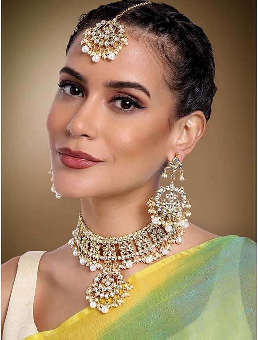 Aheli Indian Traditional Maang Tikka with Kundan Necklace Earrings Set Ethnic Wedding Designer Bharatanatyam jewellery set Gift for Women - Image 2