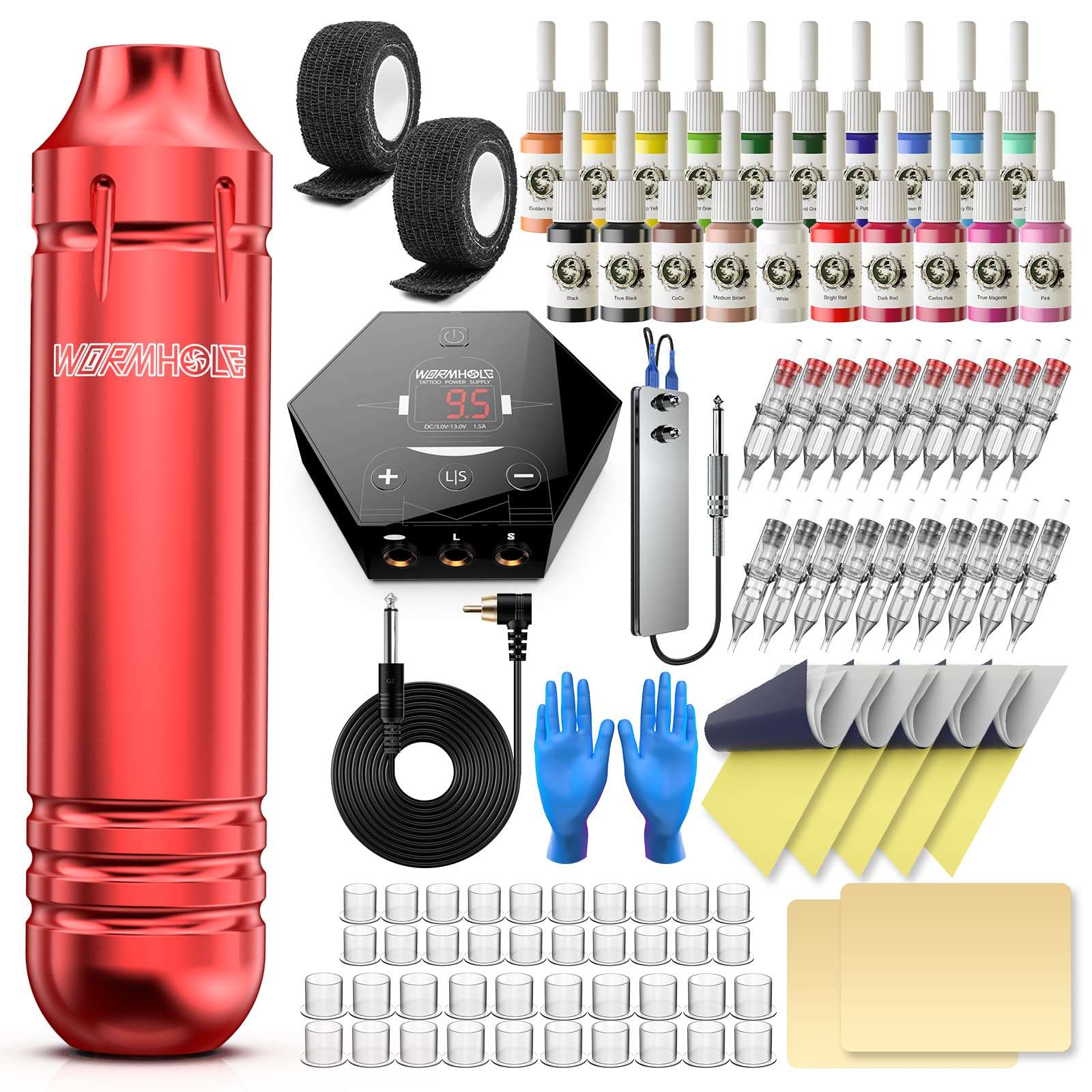 Wormhole Tattoo Kit for Beginners, Rotary Tattoo Pen Kit with 20 Color Inks, 20 Cartridge Needles & Power Supply for Tattoo Practice WTK090 - Image 1