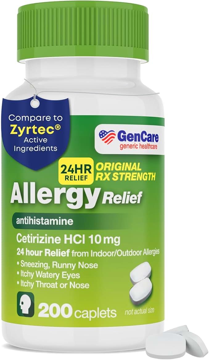 GenCare - Cetirizine HCL 10 mg (200 Caplets) - 24 Hour Allergy Relief Pills - Non Drowsy Generic OTC Allergy Medication - Antihistamine Medicine for Sneezing, Runny Nose & Itchy Eyes - Generic Zyrtec - Product Image