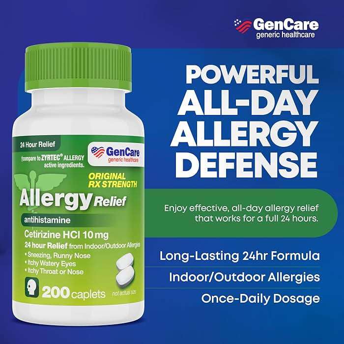 GenCare - Cetirizine HCL 10 mg (200 Caplets) - 24 Hour Allergy Relief Pills - Non Drowsy Generic OTC Allergy Medication - Antihistamine Medicine for Sneezing, Runny Nose & Itchy Eyes - Generic Zyrtec - Image 2