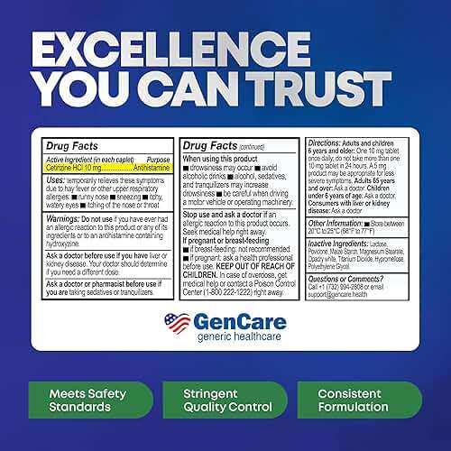 GenCare - Cetirizine HCL 10 mg (200 Caplets) - 24 Hour Allergy Relief Pills - Non Drowsy Generic OTC Allergy Medication - Antihistamine Medicine for Sneezing, Runny Nose & Itchy Eyes - Generic Zyrtec - Image 6