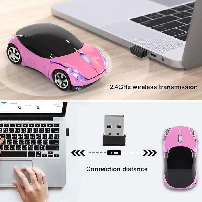 ASHATA 2.4G Car Mouse with USB Reciver 1600DPI Optical Mouse for PC Computer Laptop Tablet, High Cute Mouse for XP//Win7/ME/2000/for OS (Pink) - Image 2
