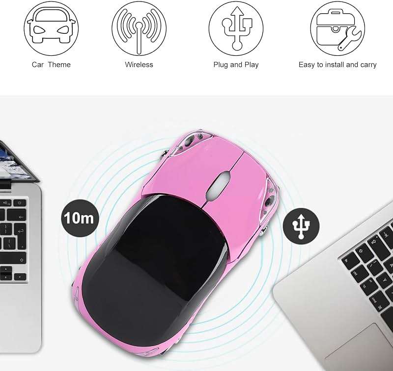 ASHATA 2.4G Car Mouse with USB Reciver 1600DPI Optical Mouse for PC Computer Laptop Tablet, High Cute Mouse for XP//Win7/ME/2000/for OS (Pink) - Image 3