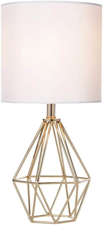 COTULIN Gold Modern Hollow Out Base Bedroom Small Table Lamp,Bedside Nightstand Lamp with Geometric Metal Base White Fabric Shade,Cute Desk Lamp for Kids Living Room - Product Image
