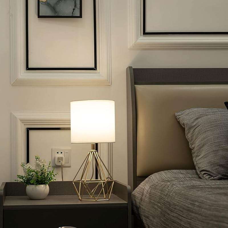 COTULIN Gold Modern Hollow Out Base Bedroom Small Table Lamp,Bedside Nightstand Lamp with Geometric Metal Base White Fabric Shade,Cute Desk Lamp for Kids Living Room - Image 4