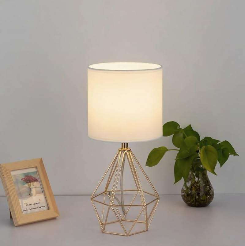 COTULIN Gold Modern Hollow Out Base Bedroom Small Table Lamp,Bedside Nightstand Lamp with Geometric Metal Base White Fabric Shade,Cute Desk Lamp for Kids Living Room - Image 6