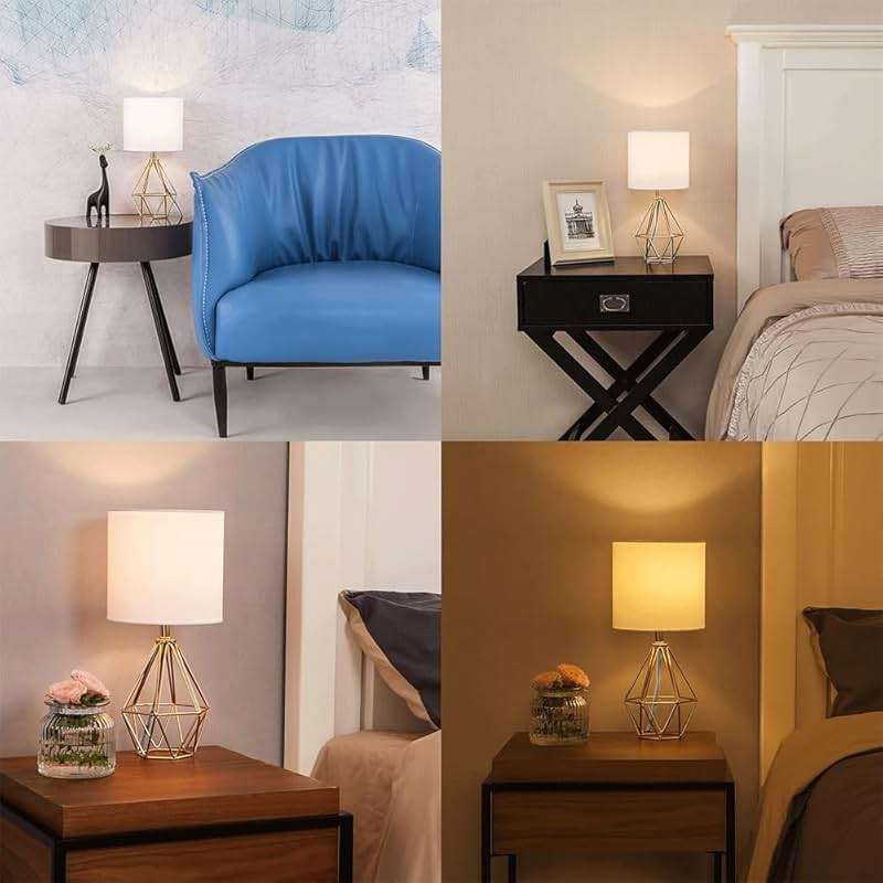COTULIN Gold Modern Hollow Out Base Bedroom Small Table Lamp,Bedside Nightstand Lamp with Geometric Metal Base White Fabric Shade,Cute Desk Lamp for Kids Living Room - Image 8