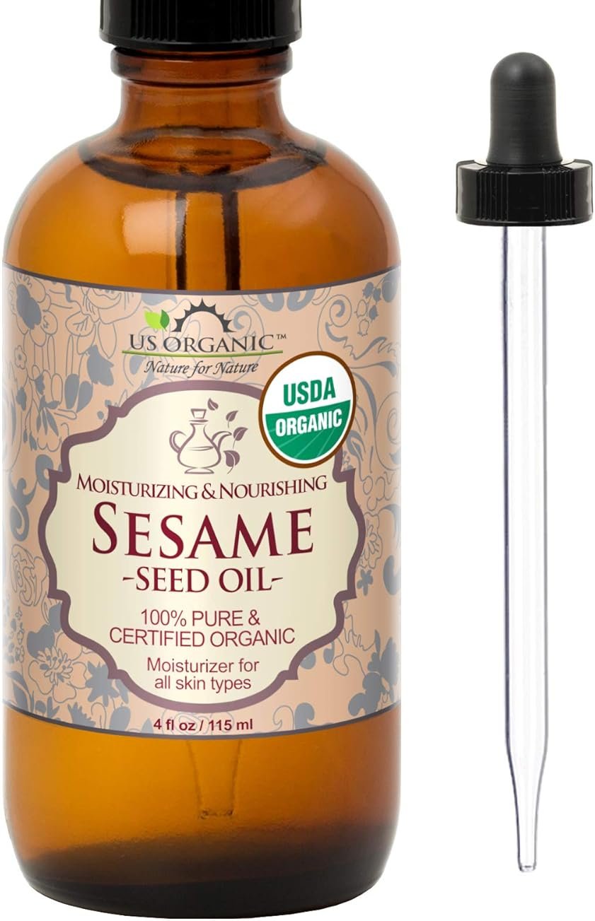 US Organic Sesame Seed Oil, USDA Certified Organic, Untoasted, Unrefined Virgin, 100% Pure & Natural, Cold Pressed, in Amber Glass Bottle w/Glass Eye dropper, Sourced from Mexico (4 oz (Large)) - Product Image