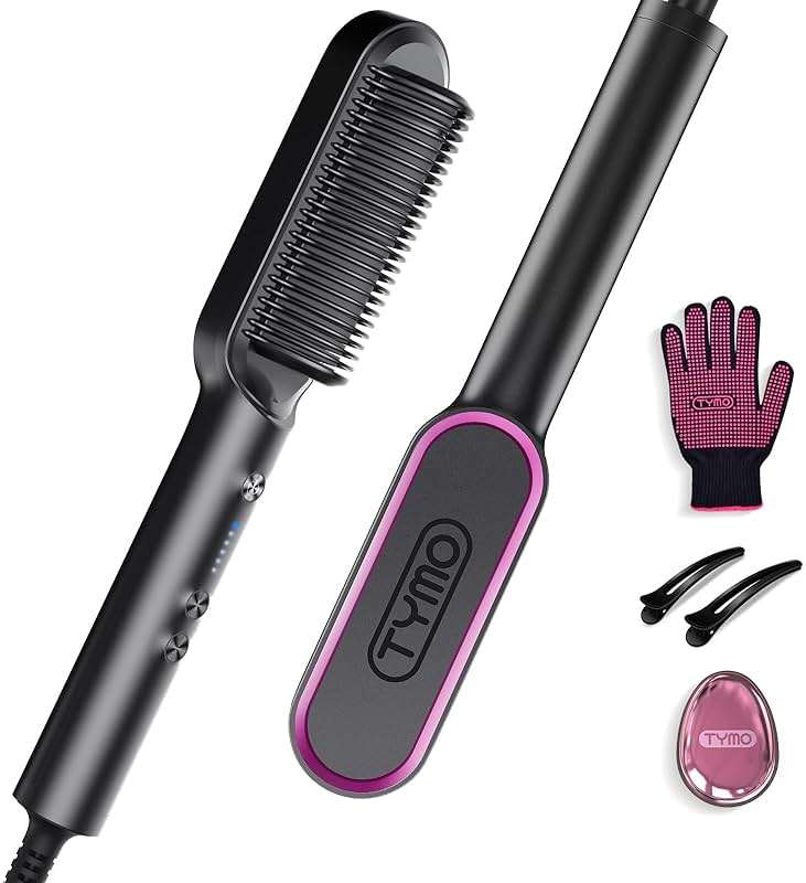 Hair Straightener Brush, TYMO Ring Hair Straightener Comb Straightening Brush for Women with 5 Temps 20s Fast Heating & Dual Voltage, Black - Image 1
