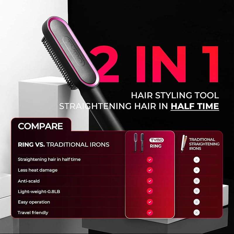 Hair Straightener Brush, TYMO Ring Hair Straightener Comb Straightening Brush for Women with 5 Temps 20s Fast Heating & Dual Voltage, Black - Image 3