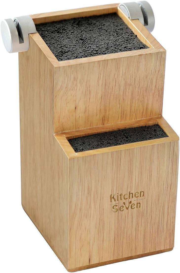 Bamboo Universal Knife Block - Knife Holder with 2 Built-In Knife Sharpeners - 2-Tiered Modern Knife Storage Up to 16 Large and Small Knives Easy Clean Wooden Knife Organizer by Kitchen Seven - Image 1