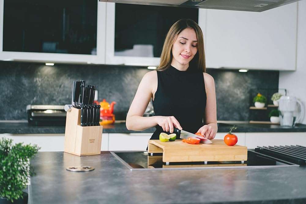 Bamboo Universal Knife Block - Knife Holder with 2 Built-In Knife Sharpeners - 2-Tiered Modern Knife Storage Up to 16 Large and Small Knives Easy Clean Wooden Knife Organizer by Kitchen Seven - Image 2
