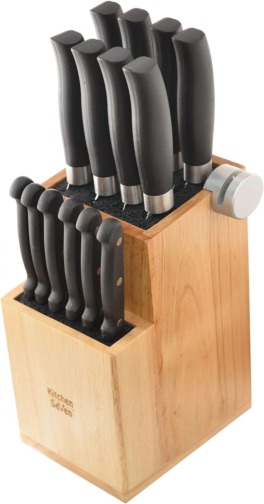 Bamboo Universal Knife Block - Knife Holder with 2 Built-In Knife Sharpeners - 2-Tiered Modern Knife Storage Up to 16 Large and Small Knives Easy Clean Wooden Knife Organizer by Kitchen Seven - Image 3
