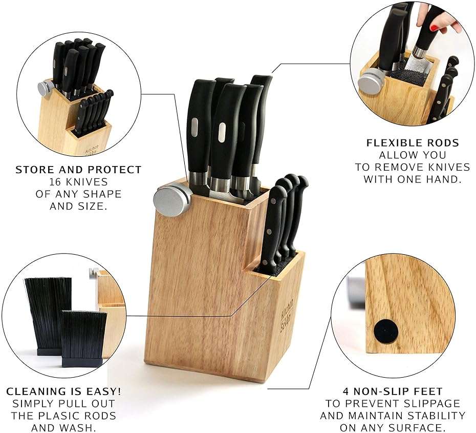 Bamboo Universal Knife Block - Knife Holder with 2 Built-In Knife Sharpeners - 2-Tiered Modern Knife Storage Up to 16 Large and Small Knives Easy Clean Wooden Knife Organizer by Kitchen Seven - Image 4